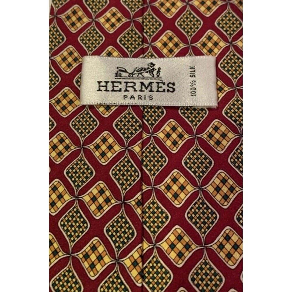 Hermes Paris Mens Tie 100% Silk Burgundy Gold Green Geometric Luxury